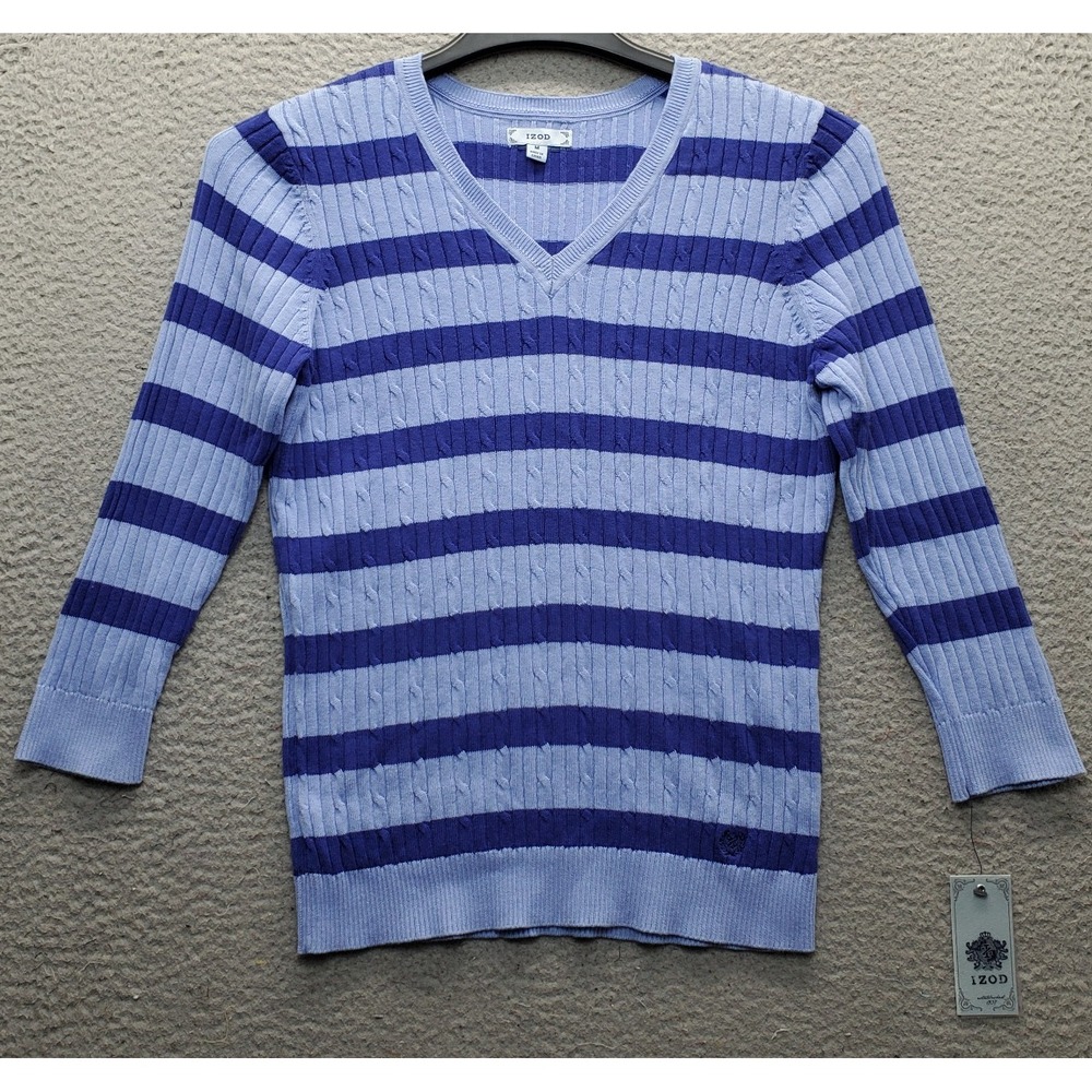 IZOD Sweater Womens Medium Multi Striped Cable Knit Ribbed Hem & Cuff V-Neck